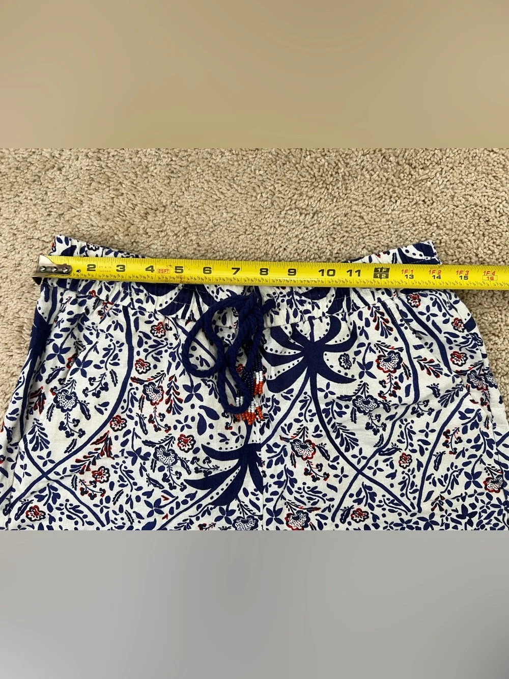 Joie Linen Blend High Waist Shorts Boho Blue Floral Print Beaded Size Medium - Picture 3 of 6